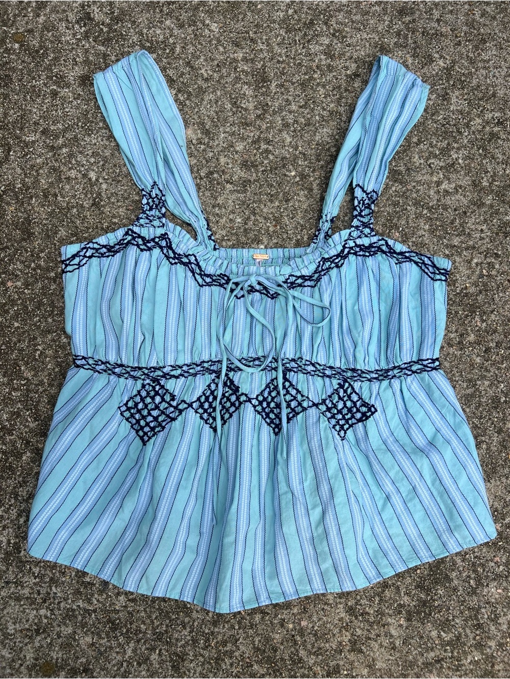 Free People Locked On You Smocked Babydoll Tank Blue Stripe Embroidery M